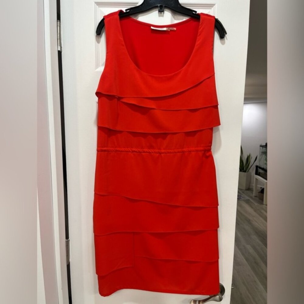 Calvin Klein Faux Wrap Coral Orange Dress Size 14 Adjustable Waist Elegant